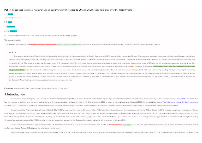 Policy disconnect: A critical review of UK air quality policy in relation to EU and LAQM responsibilities over the last 20 years Thumbnail