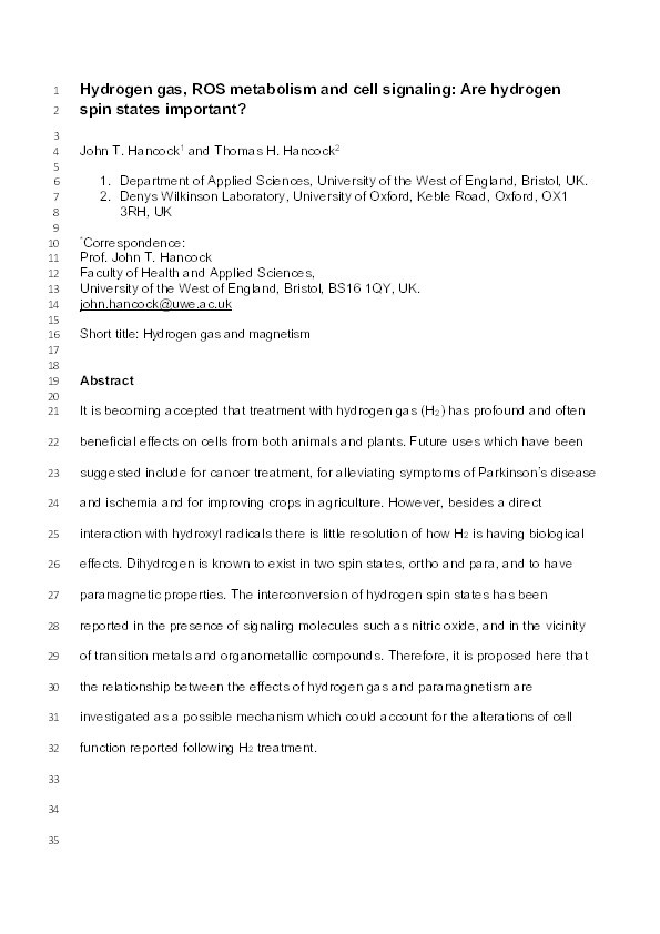 Hydrogen gas, ROS metabolism and cell signaling: Are hydrogen spin states important? Thumbnail