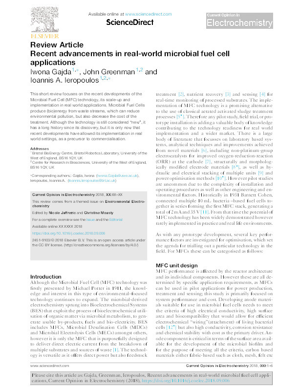 Recent advancements in real-world microbial fuel cell applications Thumbnail