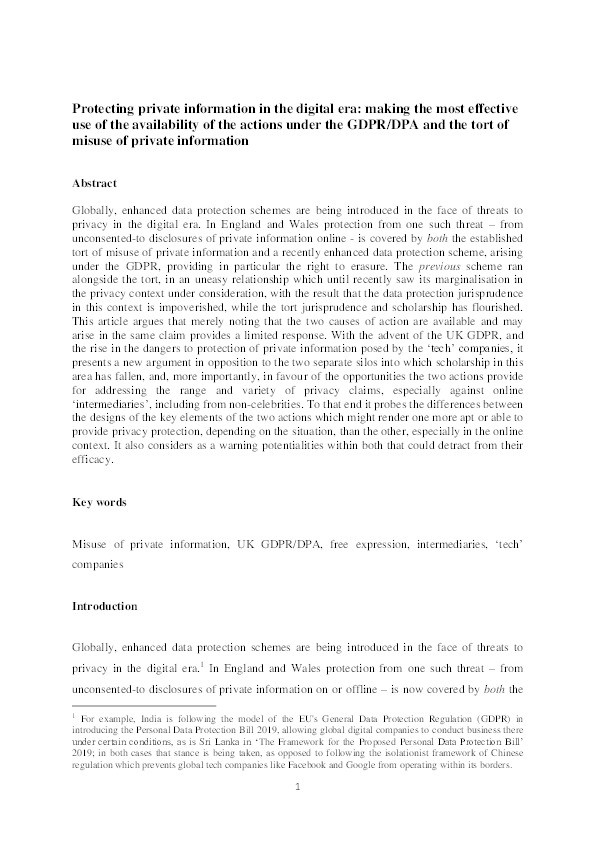 Protecting private information in the digital era: making the most effective use of the availability of the actions under the GDPR/DPA and the tort of misuse of private information Thumbnail