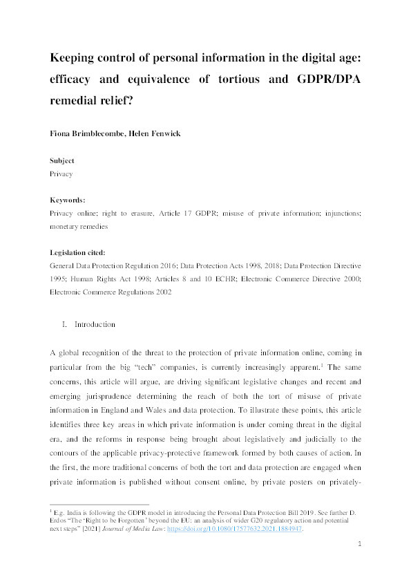 Keeping control of personal information in the digital age: Efficacy and equivalence of tortious and GDPR/DPA remedial relief? Thumbnail