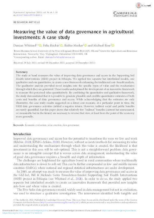Measuring the value of data governance in agricultural investments: A case study Thumbnail