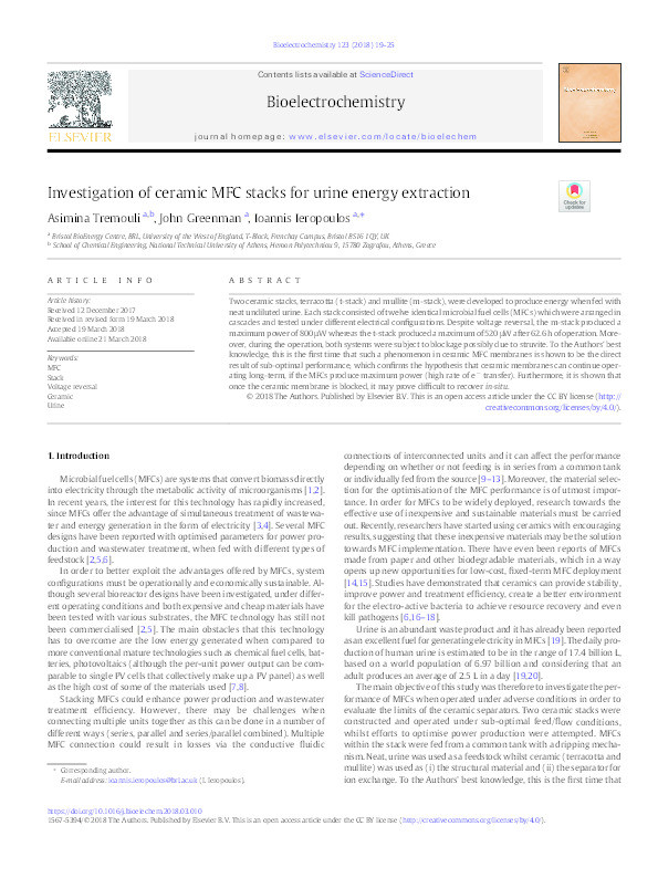 Investigation of ceramic MFC stacks for urine energy extraction Thumbnail