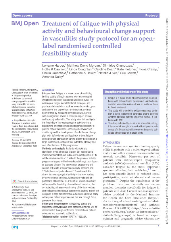 Treatment of fatigue with physical activity and behavioural change support in vasculitis: Study protocol for an open-label randomised controlled feasibility study Thumbnail