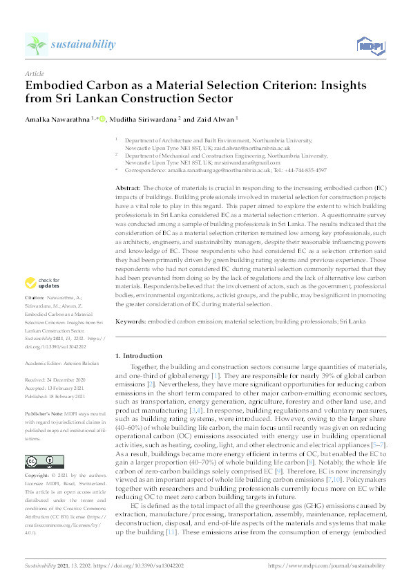 Embodied carbon as a material selection criterion: Insights from Sri Lankan construction sector Thumbnail