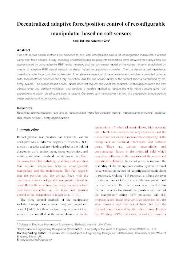 Decentralized adaptive force/position control of reconfigurable manipulator based on soft sensors Thumbnail