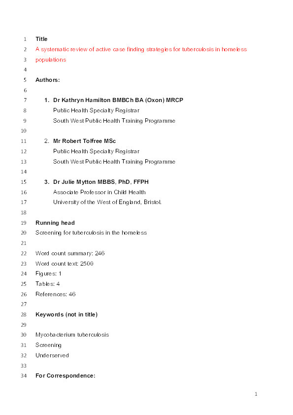 A systematic review of active case-finding strategies for tuberculosis in homeless populations Thumbnail