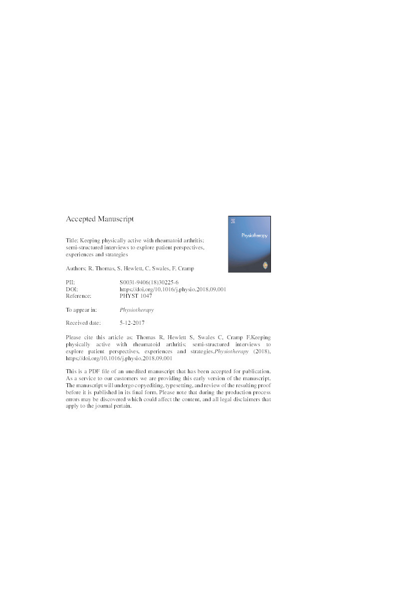 Keeping physically active with rheumatoid arthritis: semi-structured interviews to explore patient perspectives, experiences and strategies Thumbnail