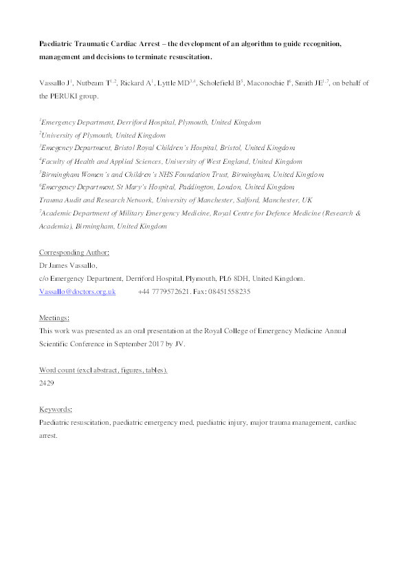 Paediatric traumatic cardiac arrest: The development of an algorithm to guide recognition, management and decisions to terminate resuscitation Thumbnail