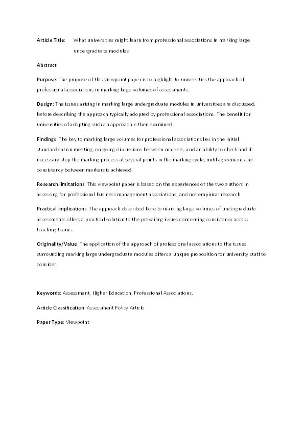 What universities might learn from professional associations in marking large undergraduate modules Thumbnail