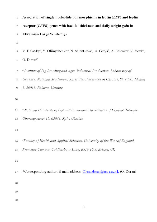 Association of single nucleotide polymorphisms in leptin (LEP) and leptin receptor (LEPR) genes with backfat thickness and daily weight gain in Ukrainian Large White pigs Thumbnail