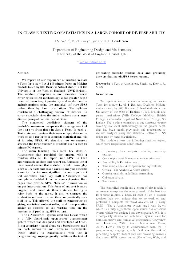 In-class e-testing of statistics in a large cohort of diverse ability Thumbnail