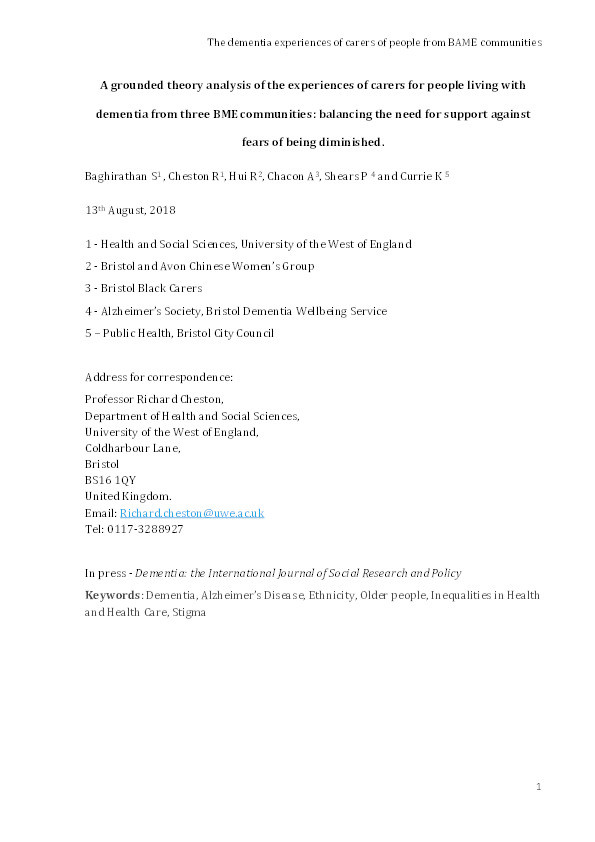 A grounded theory analysis of the experiences of carers for people living with dementia from three BAME communities: Balancing the need for support against fears of being diminished Thumbnail