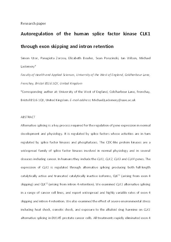 Autoregulation of the human splice factor kinase CLK1 through exon skipping and intron retention Thumbnail