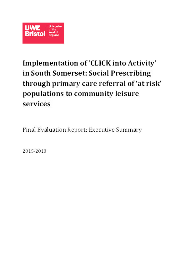 Implementation of ‘CLICK into Activity’ in South Somerset: Social prescribing through primary care referral of ‘at risk’ populations to community leisure services Thumbnail