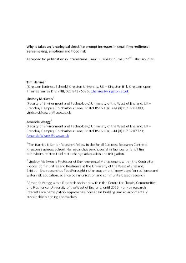 Why it takes an ‘ontological shock’ to prompt increases in small firm resilience: Sensemaking, emotions and flood risk Thumbnail