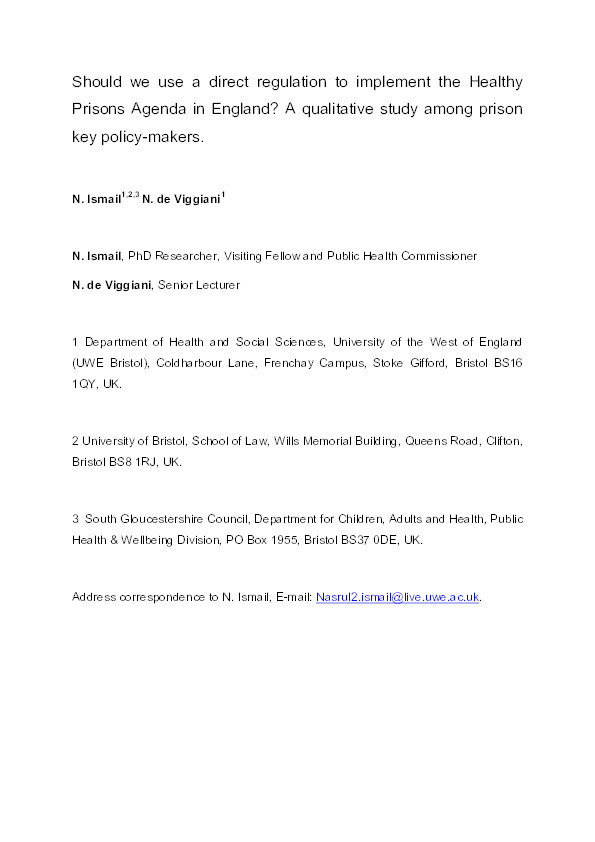 Should we use a direct regulation to implement the Healthy Prisons Agenda in England? A qualitative study among prison key policy makers Thumbnail