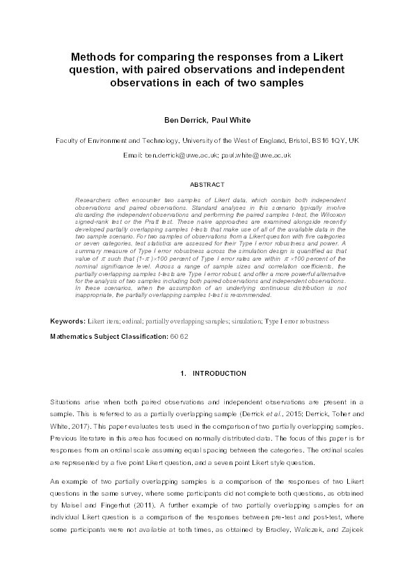 Methods for comparing the responses from a Likert question, with paired observations and independent observations in each of two samples Thumbnail