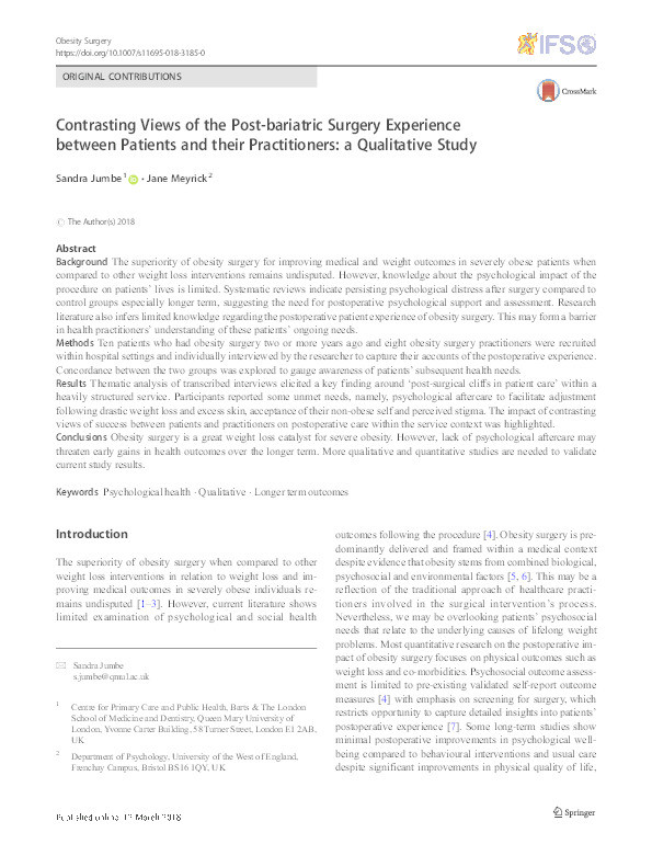 Contrasting Views of the Post-bariatric Surgery Experience between Patients and their Practitioners: a Qualitative Study Thumbnail