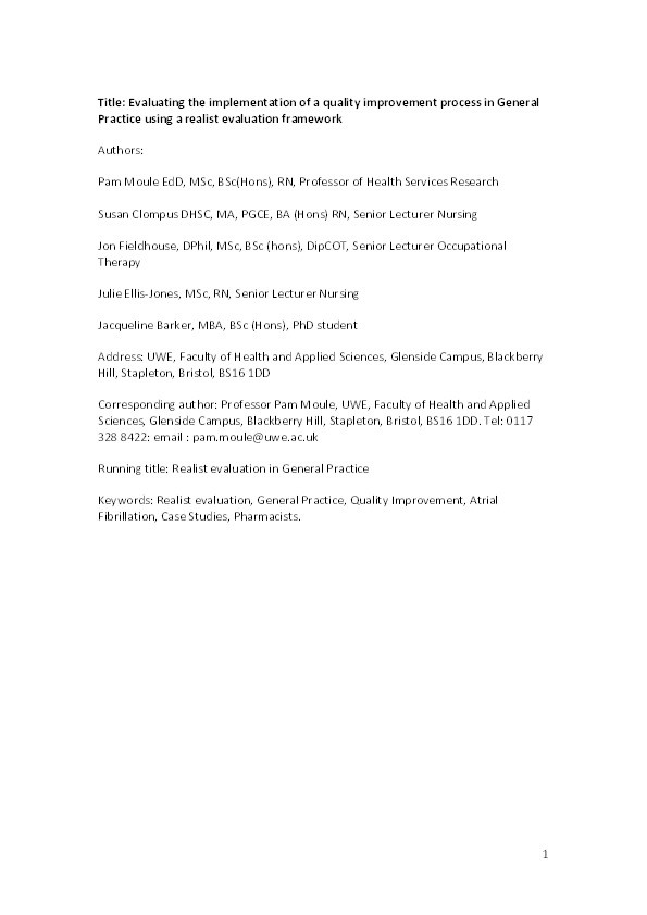 Evaluating the implementation of a quality improvement process in General Practice using a realist evaluation framework Thumbnail