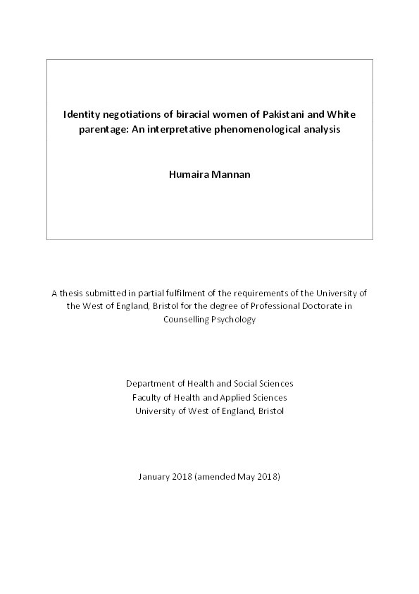 Lived experiences of biracial women with Pakistani and White parents: An interpretative phenomenological analysis of identity Thumbnail