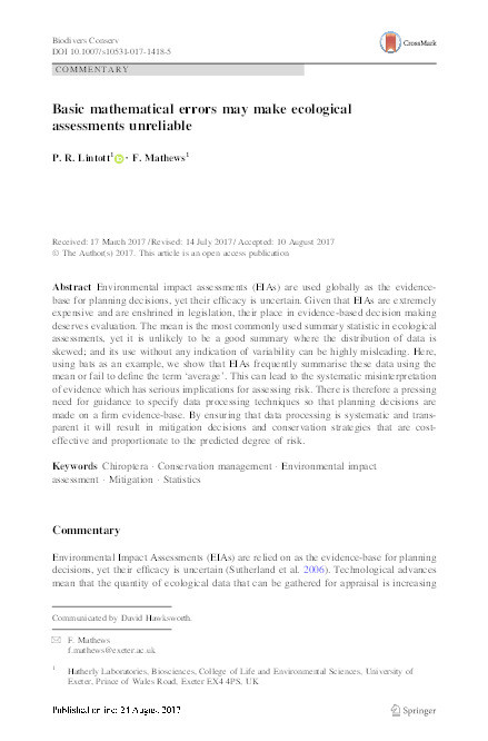 Basic mathematical errors may make ecological assessments unreliable Thumbnail