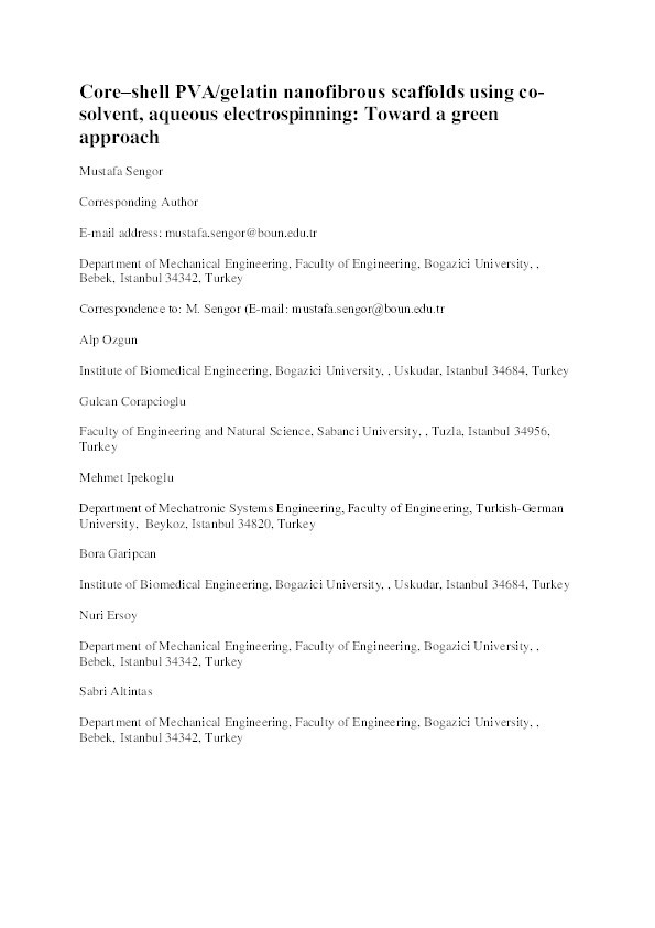 Core–shell PVA/gelatin nanofibrous scaffolds using co-solvent, aqueous electrospinning: Toward a green approach Thumbnail