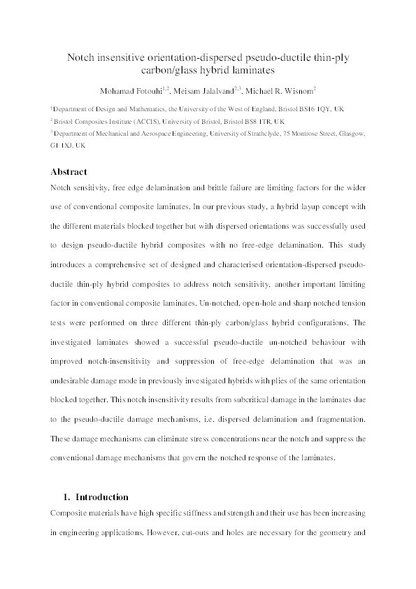 Notch insensitive orientation-dispersed pseudo-ductile thin-ply carbon/glass hybrid laminates Thumbnail