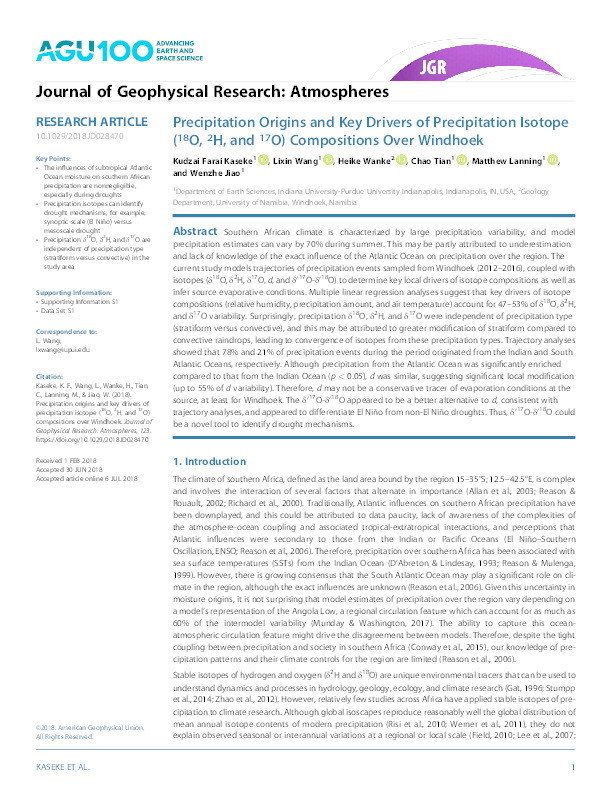 Precipitation Origins and Key Drivers of Precipitation Isotope (18O, 2H, and 17O) Compositions Over Windhoek Thumbnail