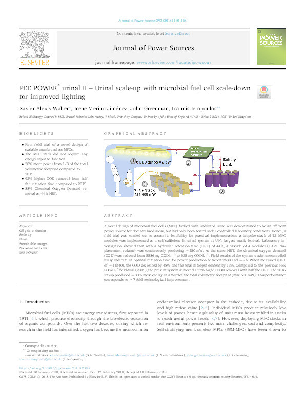 PEE POWER® urinal II - Urinal scale-up with microbial fuel cell scale-down for improved lighting Thumbnail