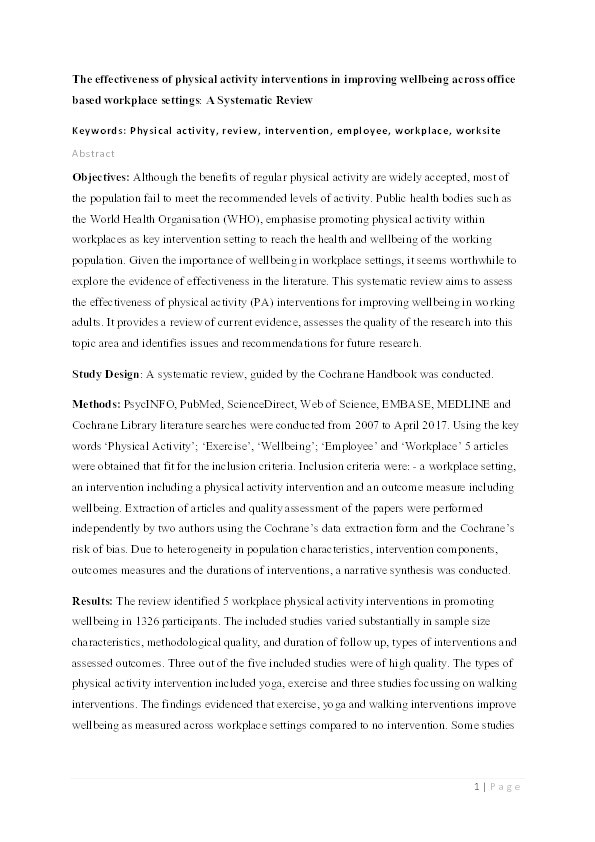 The effectiveness of physical activity interventions in improving well-being across office-based workplace settings: a systematic review Thumbnail