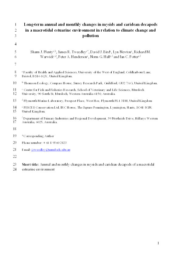 Long-term annual and monthly changes in mysids and caridean decapods in a macrotidal estuarine environment in relation to climate change and pollution Thumbnail