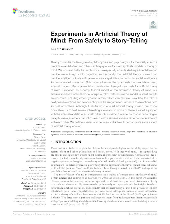 Experiments in artificial theory of mind: From safety to story-telling Thumbnail