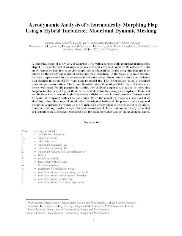 Aerodynamic analysis of a harmonically morphing flap using a hybrid turbulence model and dynamic meshing Thumbnail