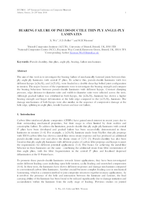 Bearing failure of pseudo-ductile thin ply angle-ply laminates Thumbnail