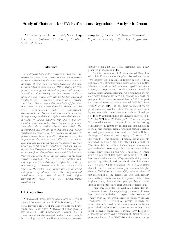 Study of photovoltaics (PV) performance degradation analysis in Oman Thumbnail