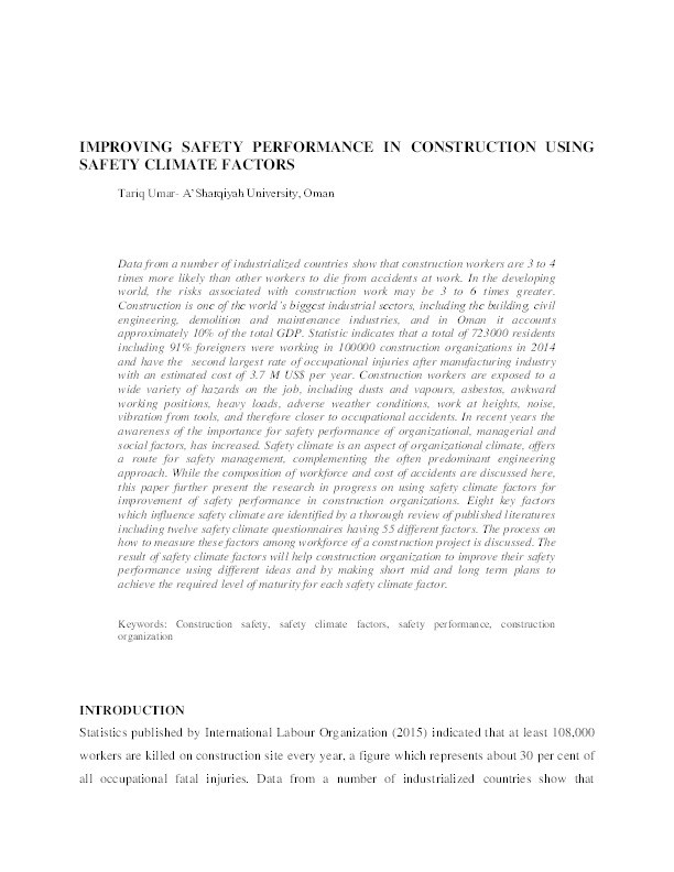 Improving safety performance in construction using safety climate factors Thumbnail