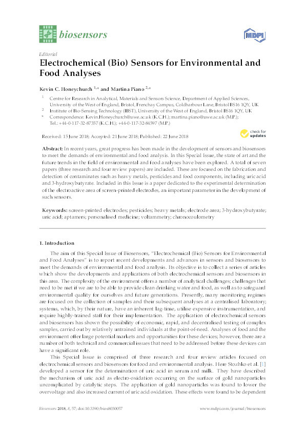 Electrochemical (bio) sensors for environmental and food analyses Thumbnail