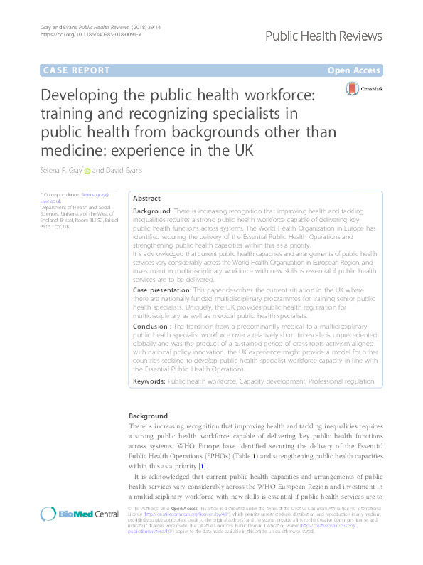 Developing the public health workforce: Training and recognizing specialists in public health from backgrounds other than medicine: Experience in the UK Thumbnail