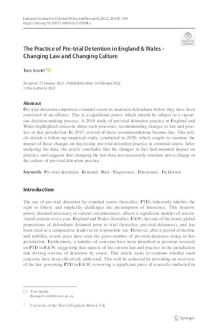 The practice of pre-trial detention in England & Wales - Changing law and changing culture Thumbnail