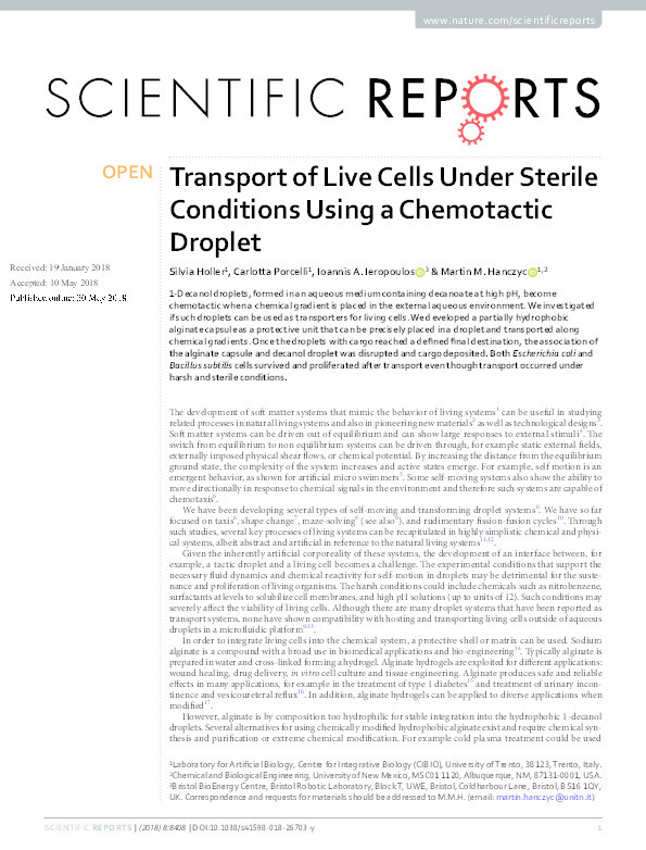 Transport of Live Cells under Sterile Conditions Using a Chemotactic Droplet Thumbnail