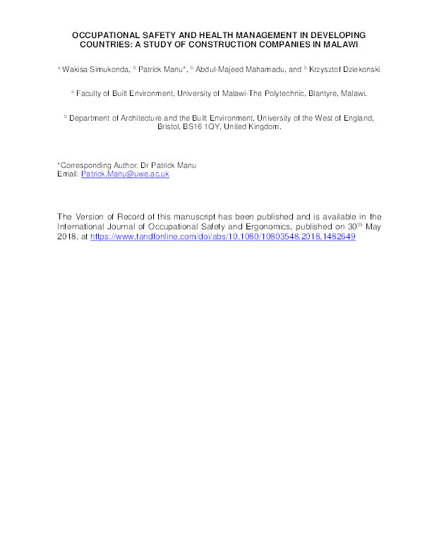 Occupational safety and health management in developing countries: A study of construction companies in Malawi Thumbnail