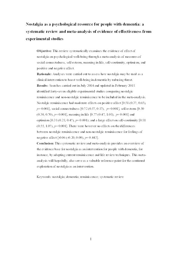 Nostalgia as a psychological resource for people with dementia: A systematic review and meta-analysis of evidence of effectiveness from experimental studies Thumbnail