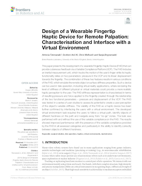 Design of a wearable fingertip haptic device for remote palpation: Characterisation and interface with a virtual environment Thumbnail