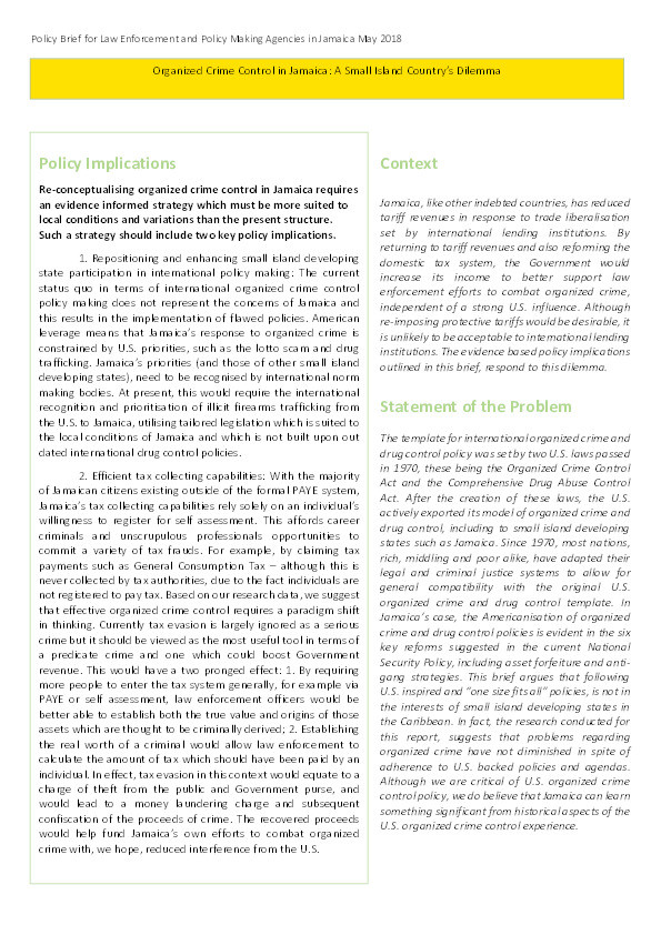 Policy brief for law enforcement and policy making agencies in Jamaica May 2018: Organized crime control in Jamaica: A small island country’s dilemma Thumbnail