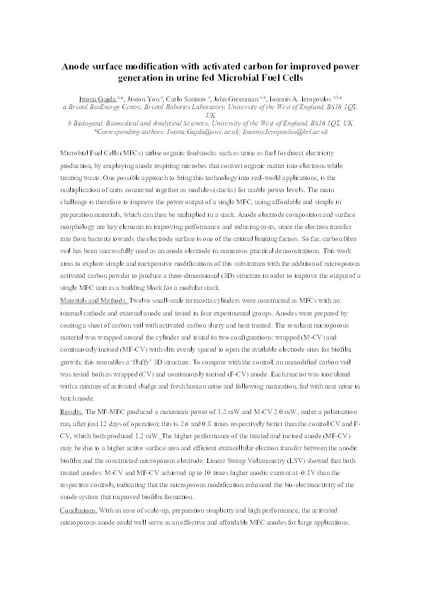 Anode surface modification with activated carbon for improved power generation in urine fed Microbial Fuel Cells Thumbnail