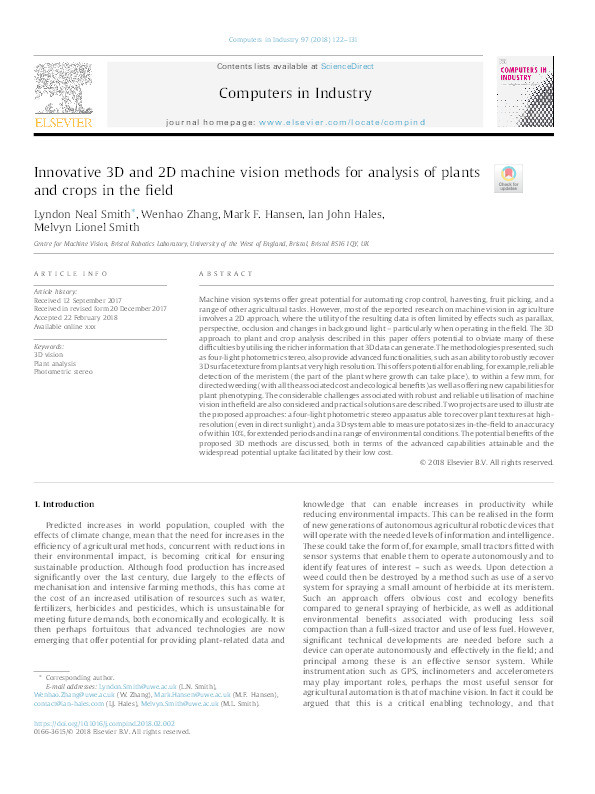 Innovative 3D and 2D machine vision methods for analysis of plants and crops in the field Thumbnail