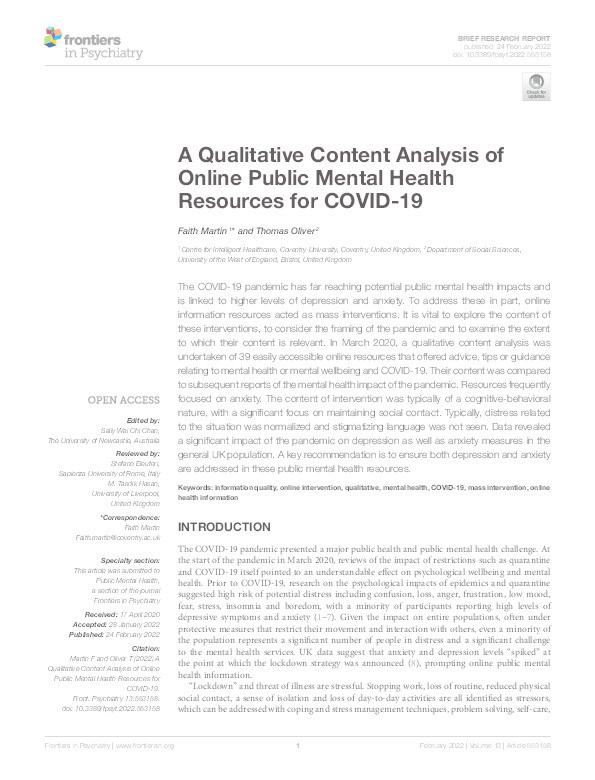 A qualitative content analysis of online public mental health resources for COVID-19 Thumbnail