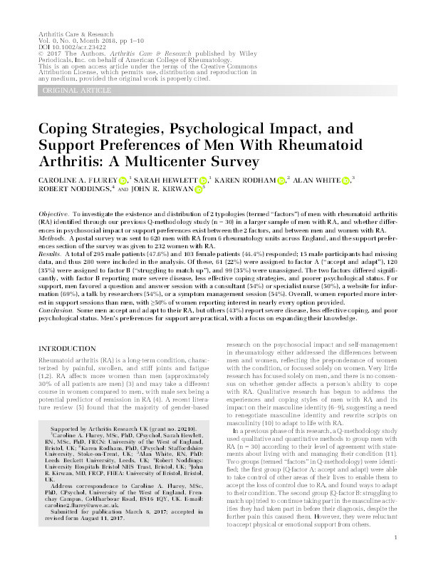 Coping strategies, psychological impact, and support preferences of men with Rheumatoid Arthritis: A multicenter survey Thumbnail