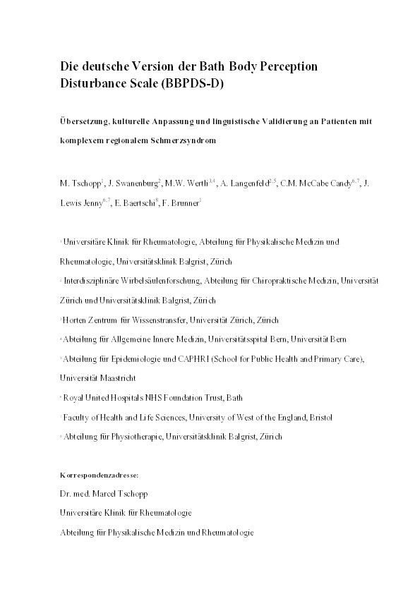 The German version of the Bath Body Perception Disturbance Scale (BBPDS-D): Translation, cultural adaptation and linguistic validation on patients with complex regional pain syndrome Thumbnail